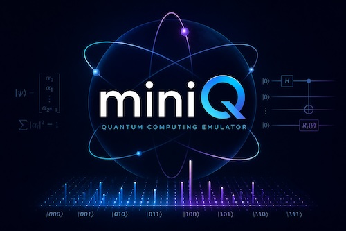 miniQ quantum computing emulator artwork with orbit paths, circuit symbols, and state labels